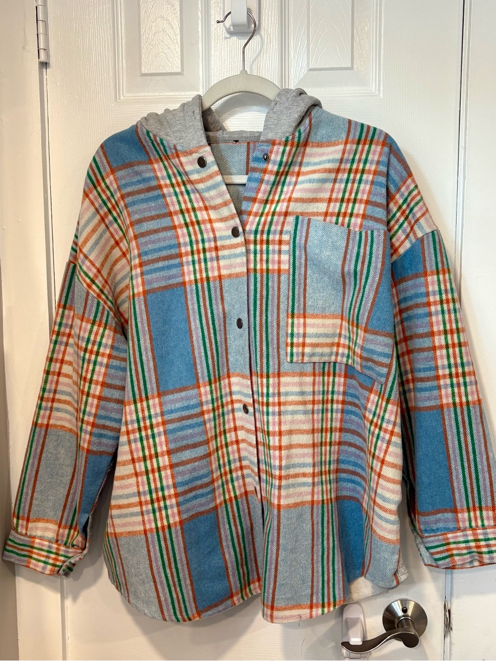 Oversized Plaid Patchwork Hooded Flannel Shacket